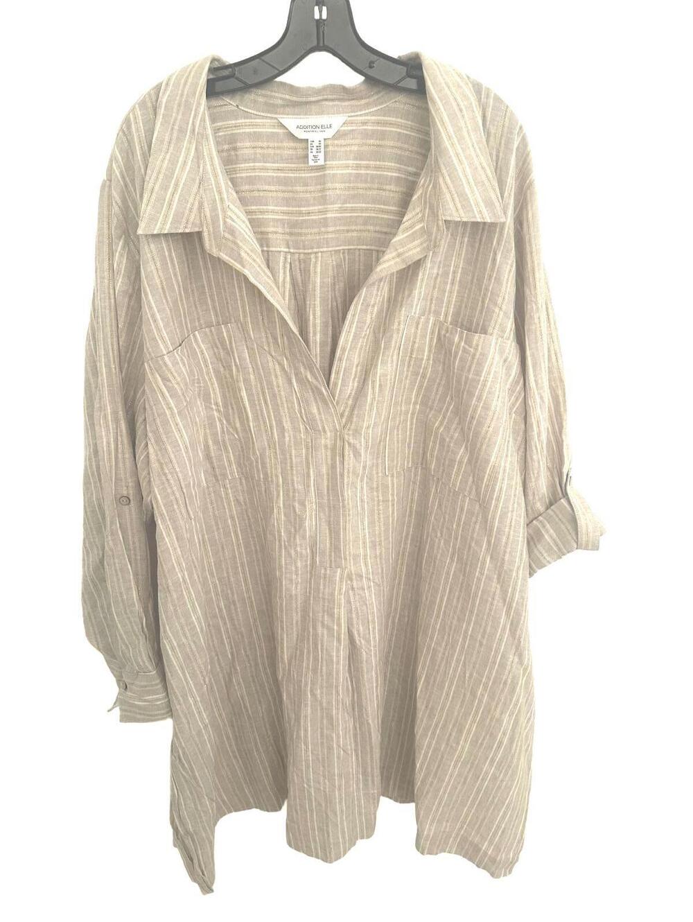 Addition Elle Beige Striped White & Gold Metallic Linen Blend Tunic Blouse - 4X